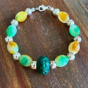 Genuine Carved Jade and Sterling Silver Bracelet 7.25 Inches